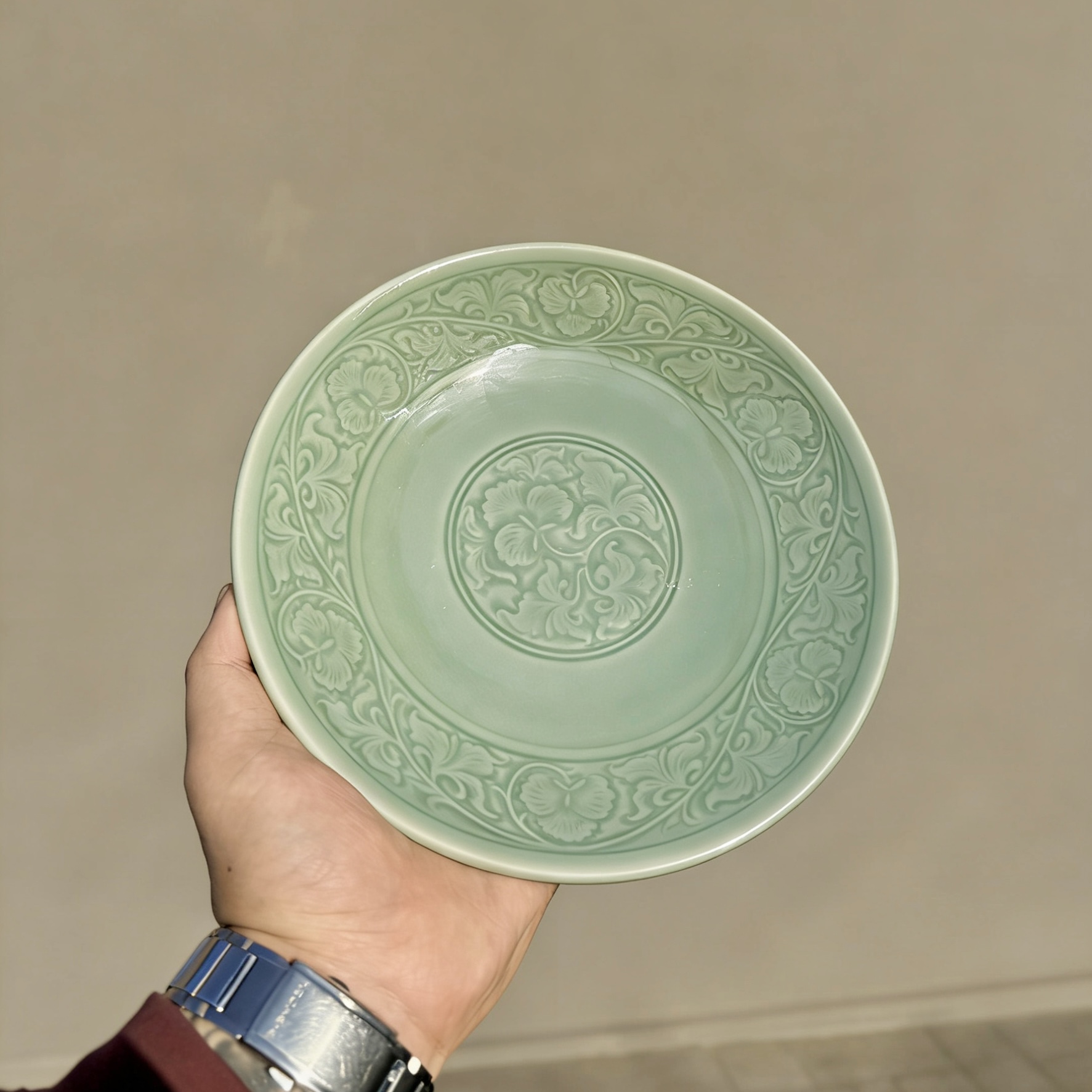 长安知己「有划伤-8.5英寸牡丹餐盘碟子」中国非遗耀州窑青瓷21.2cm