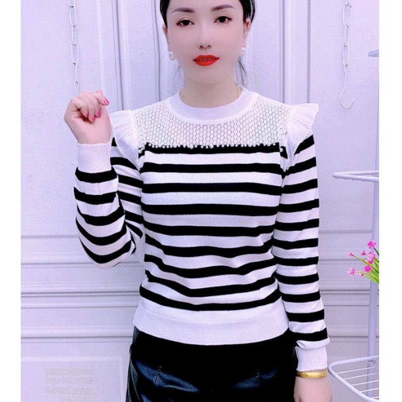 薄款条纹长袖纯色女圆领毛针织衫上衣打底衫高街穿搭