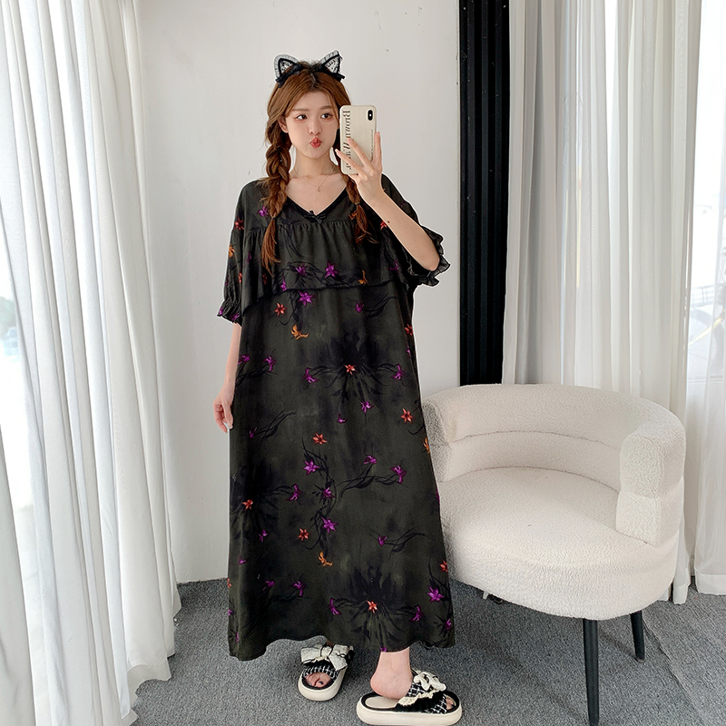 夏季棉绸加长款睡裙女加大码胖MM200斤防凸点宽松孕妇家居睡衣女