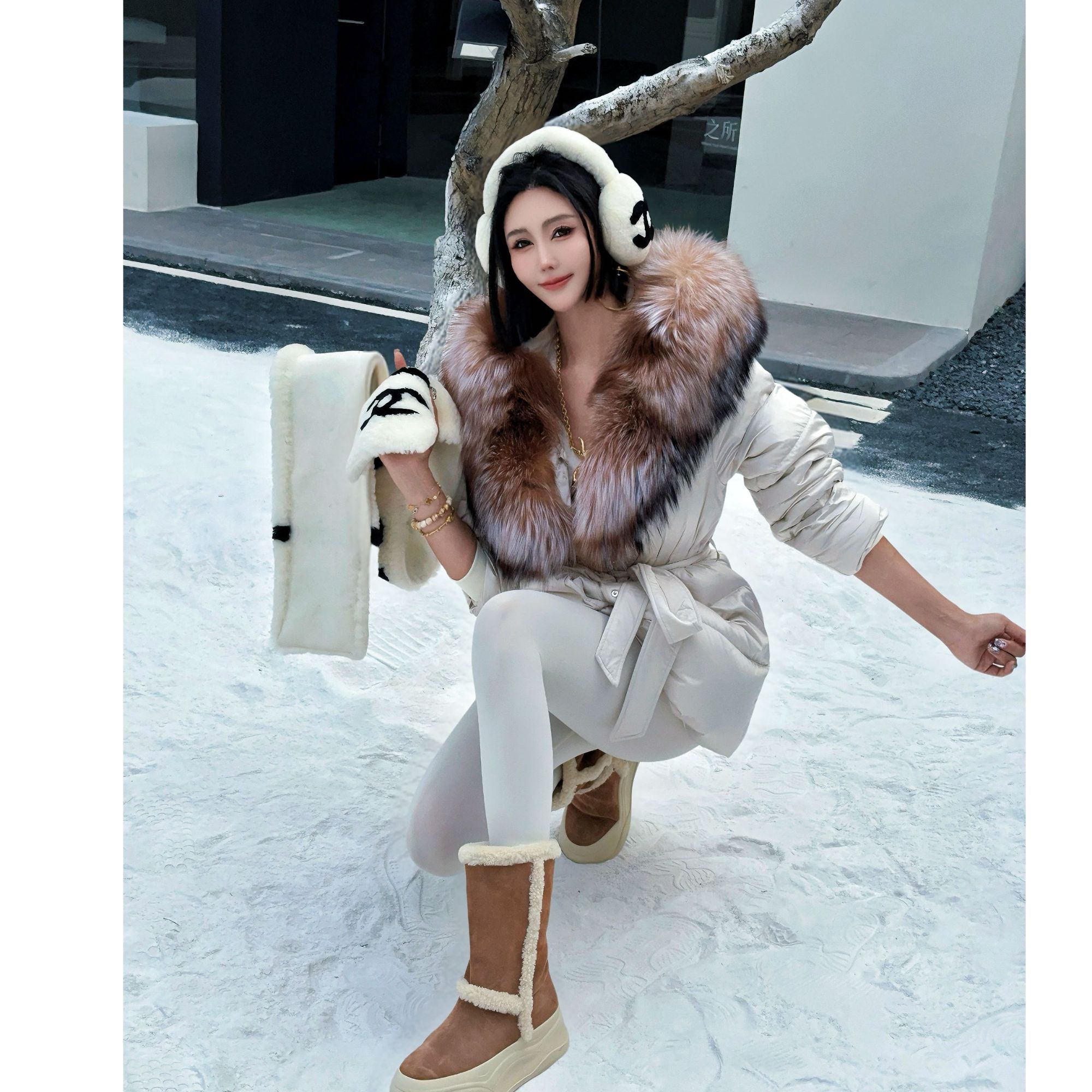 S300【雪地精灵】黑白咖灰四色毛毛领毛边腰带系带上衣外套 SY14265