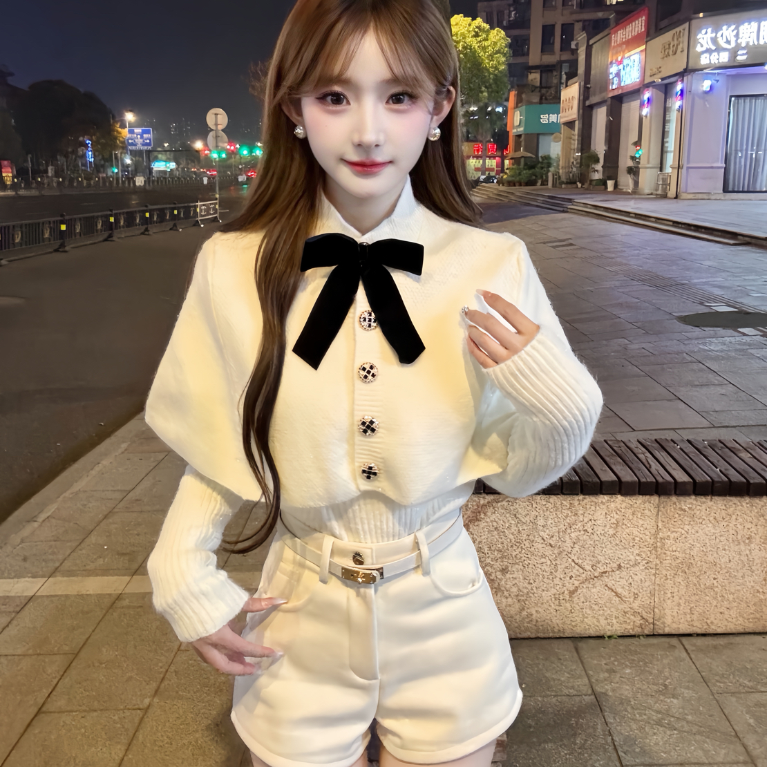 【细闪蝴蝶结披肩针织内搭两件套可拆卸蝴蝶结时尚毛衣】