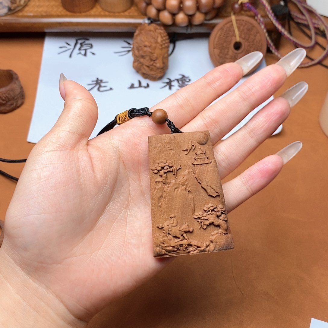 檀香木手串/手链梯形山水牌