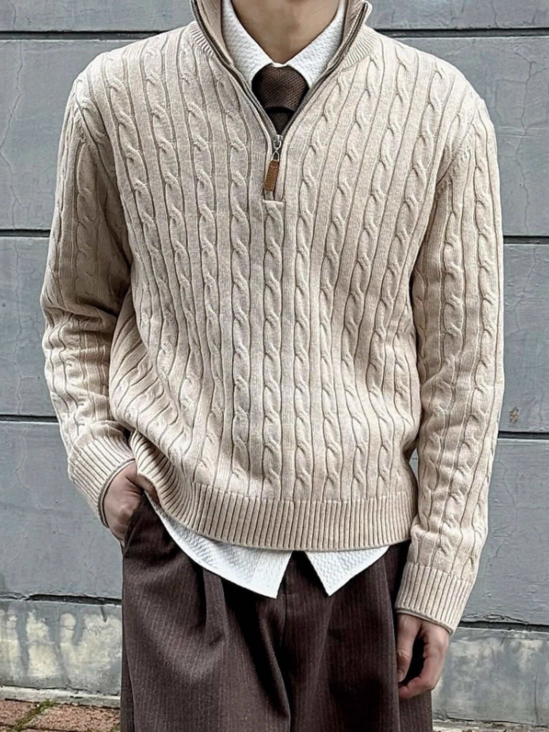 杏色条纹正肩麻花毛衣男美式条纹内搭可外穿短款半拉链慵懒针织衫