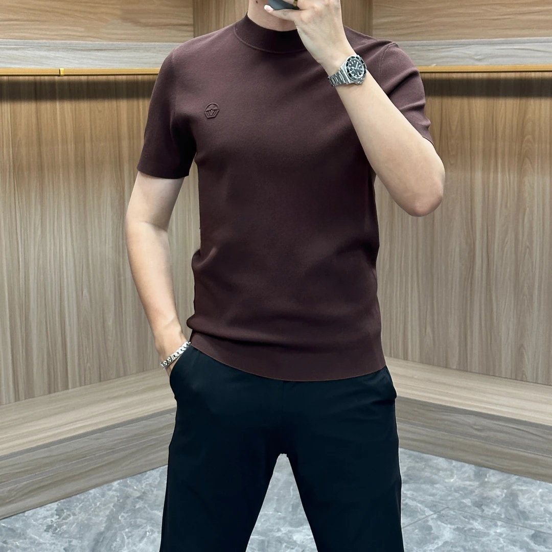 早秋男士毛衣打底针织衫简约纯色高品质商务潮流圆领短袖毛衣修身