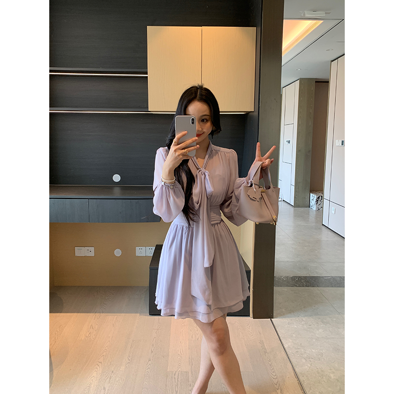 XINYI【紫丁香】春夏珍珠雪纺连衣裙收腰显瘦气质裙X625Q02647