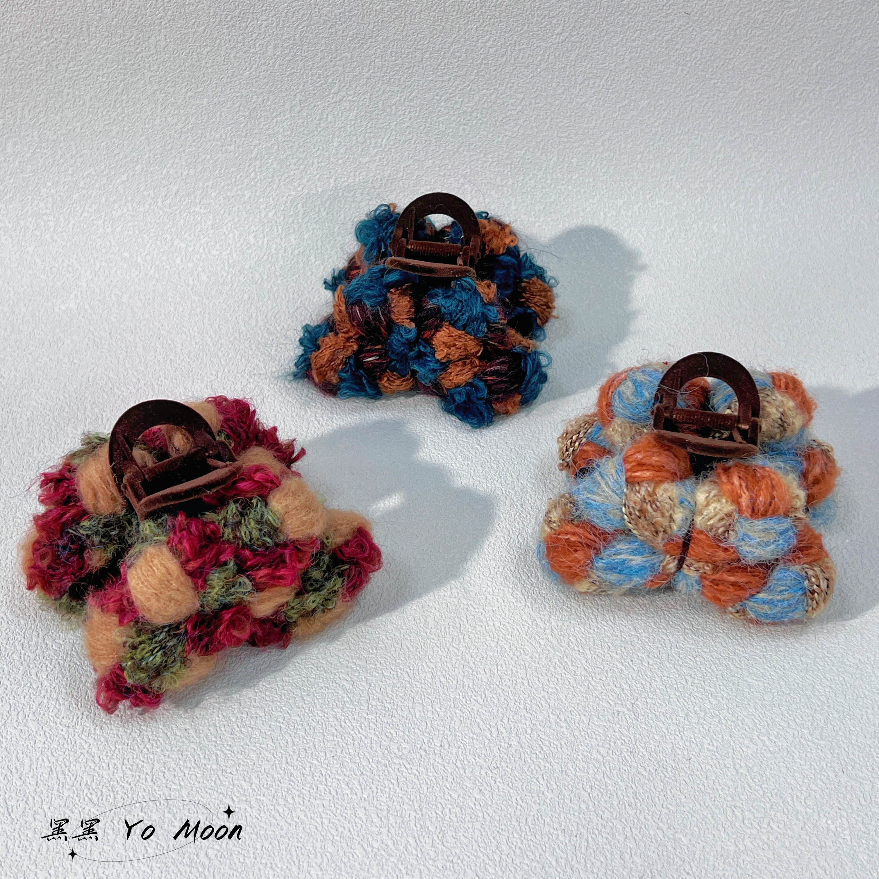 秋冬胖乎乎手工编织毛线蝴蝶结大抓夹植绒氛围感百搭甜美少女发夹