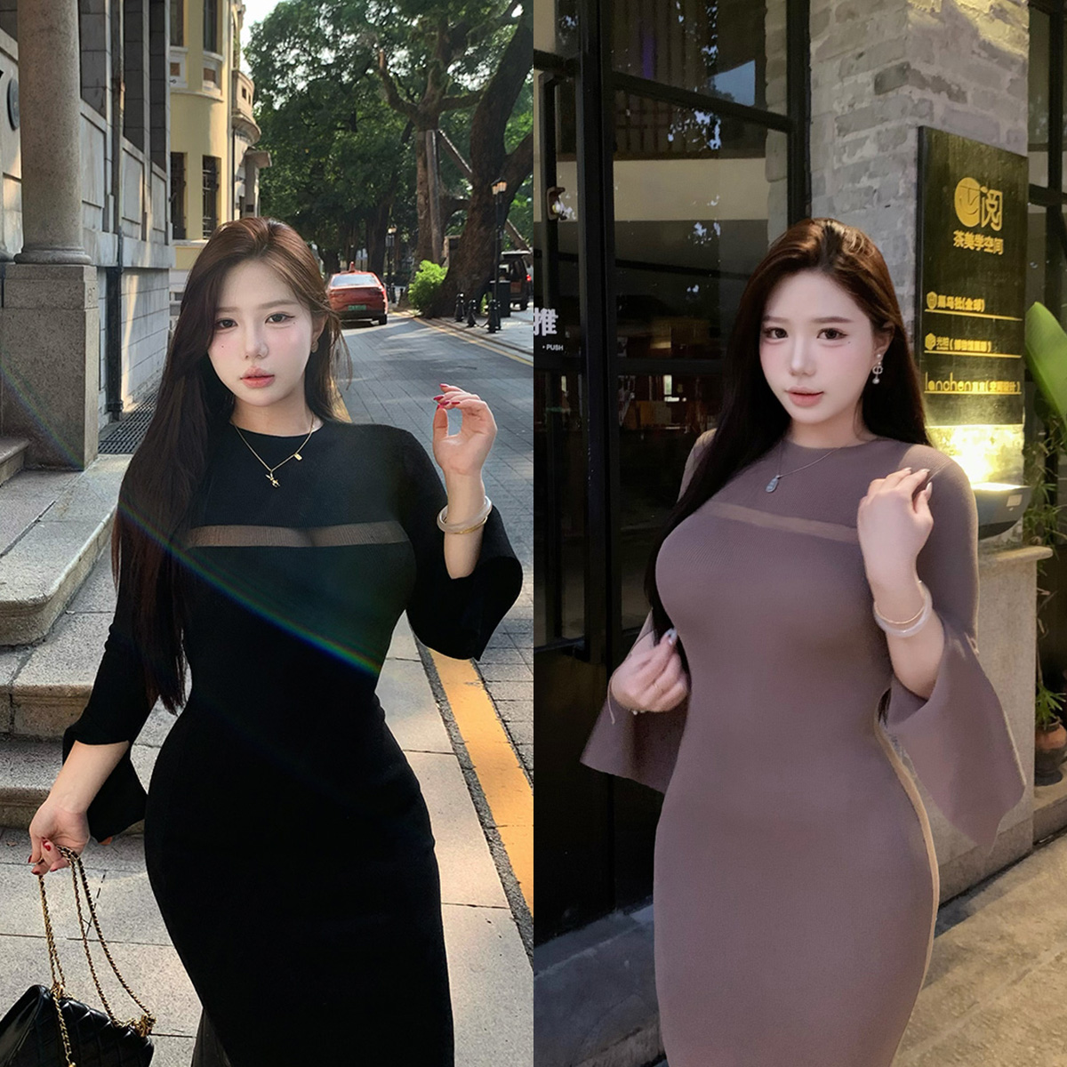 佳佳【秋信雾时】微胖大码长袖修身连衣裙秋季裙子网纱镂空包臀裙女