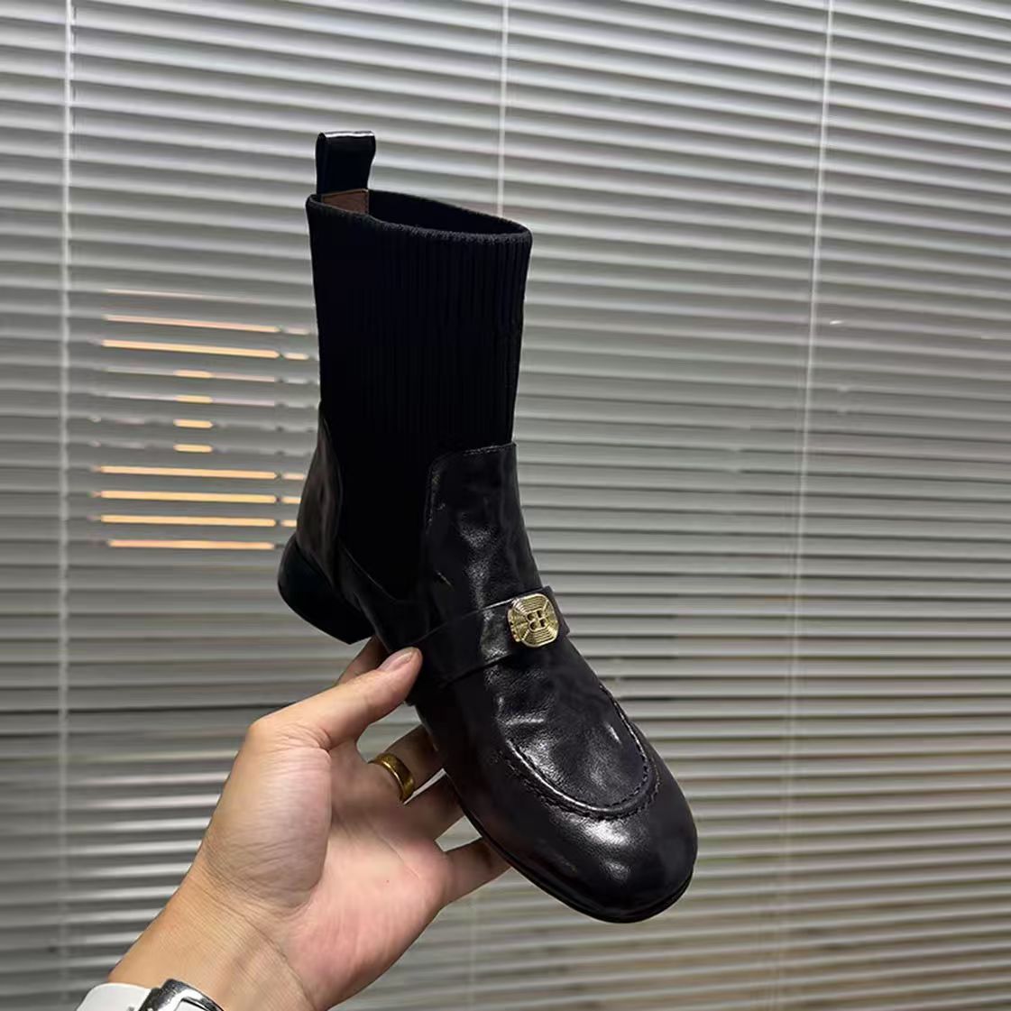 现货秒发】瘦瘦靴法式秋冬一脚蹬圆头女短靴秋季黑色弹力靴