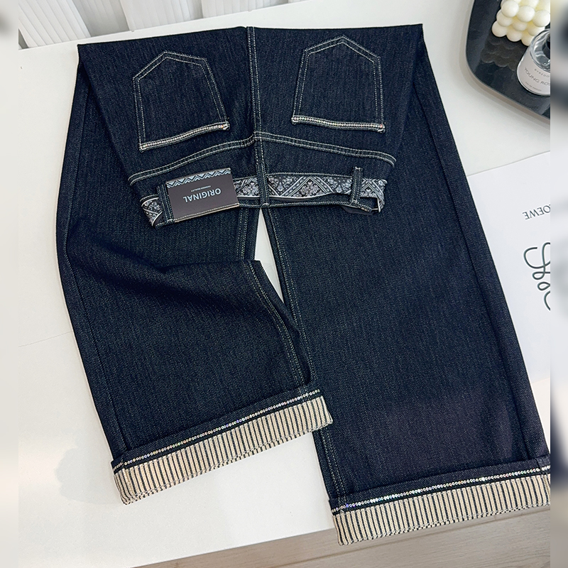 丹宁蓝条纹翻边直筒裤牛仔2025秋季新款四面弹窄版阔腿裤子3811
