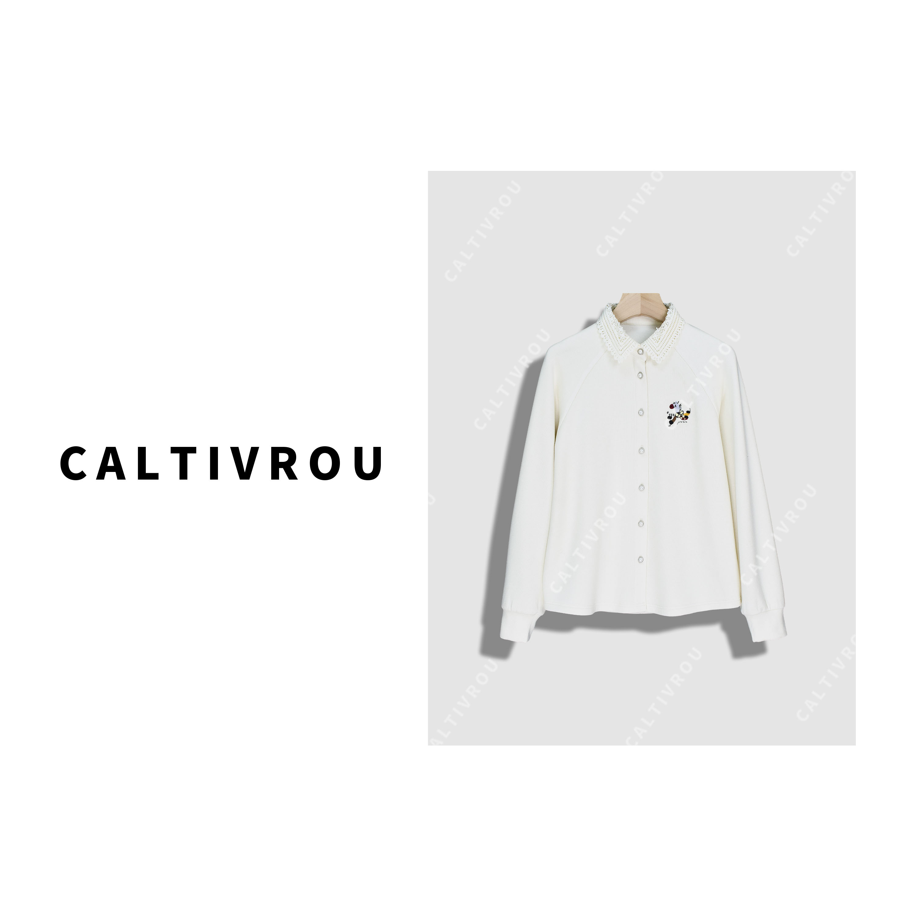 【蕊蕊】蕾丝拼接领加绒单排扣衬衫-Y20329