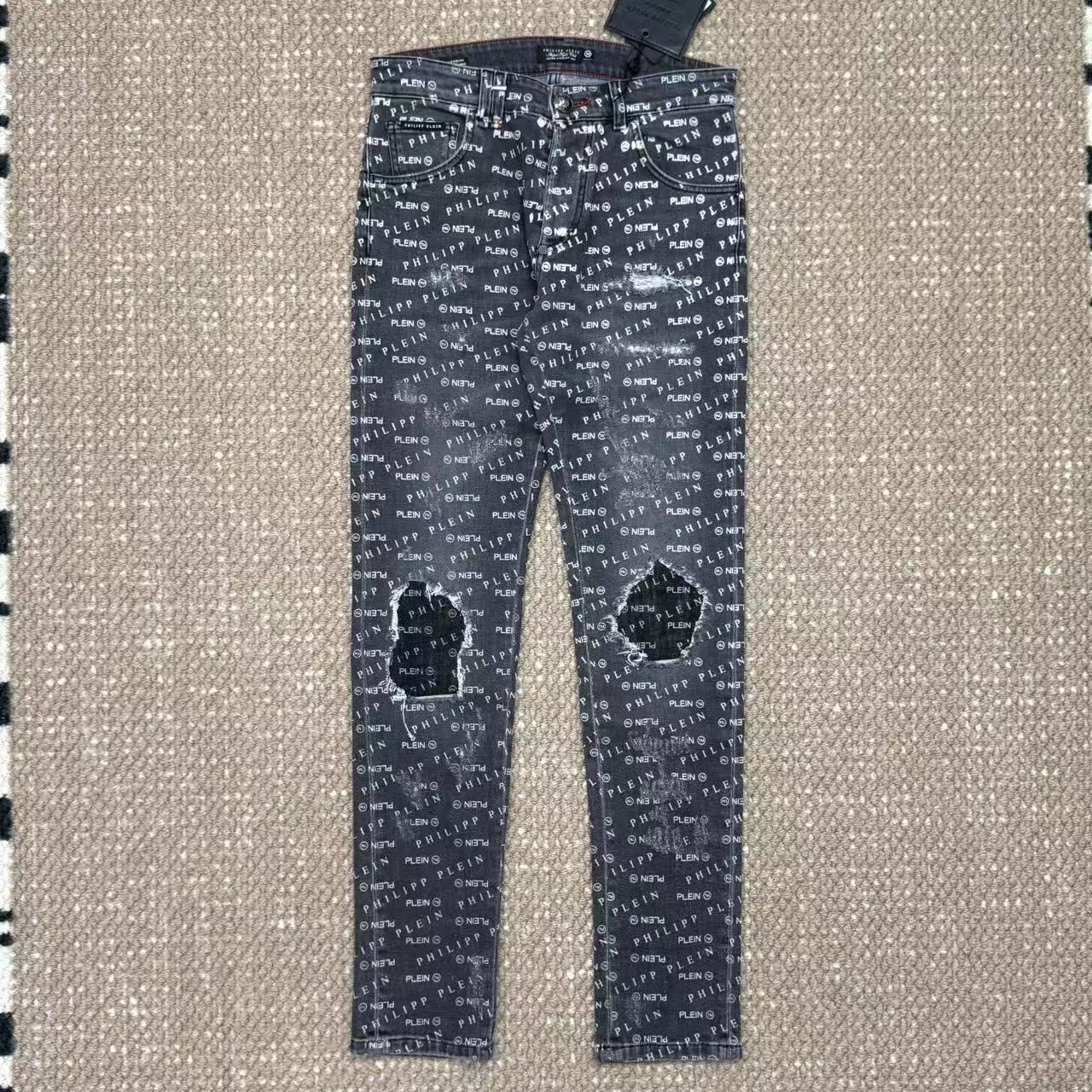 未使用 Philipp Plein PP 菲利普普兰满印logo牛仔裤