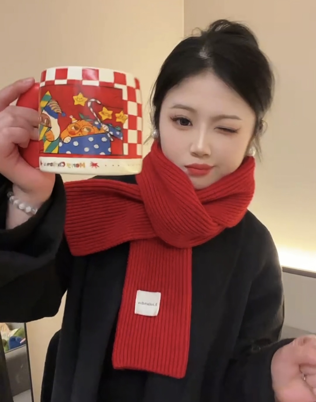 新年红色针织围巾男女款冬季圣诞节学生情侣加厚毛线围脖韩版ins