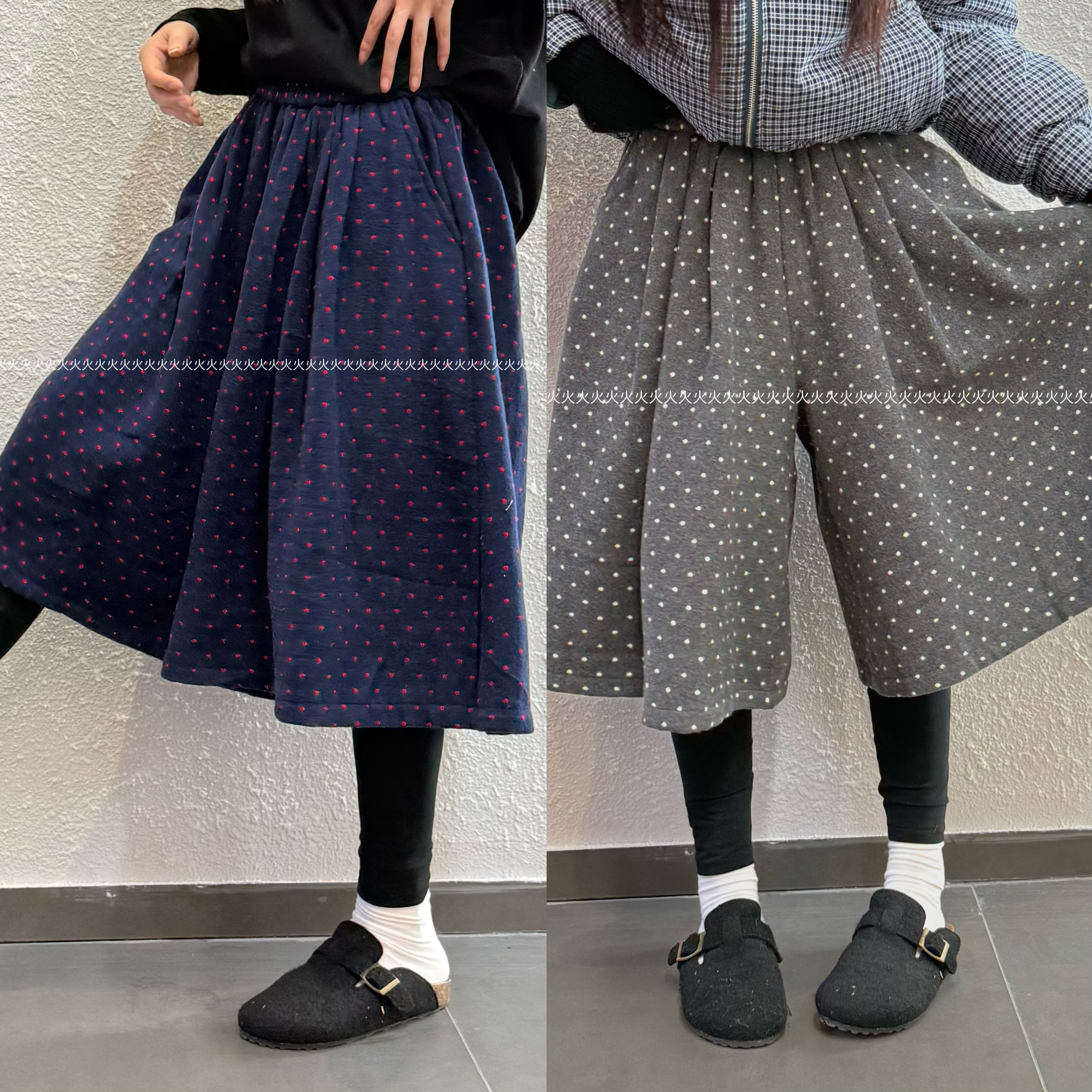 火火【我是裙裤 加绒款】秋冬新款毛呢波点五分裤百褶加厚松紧百搭