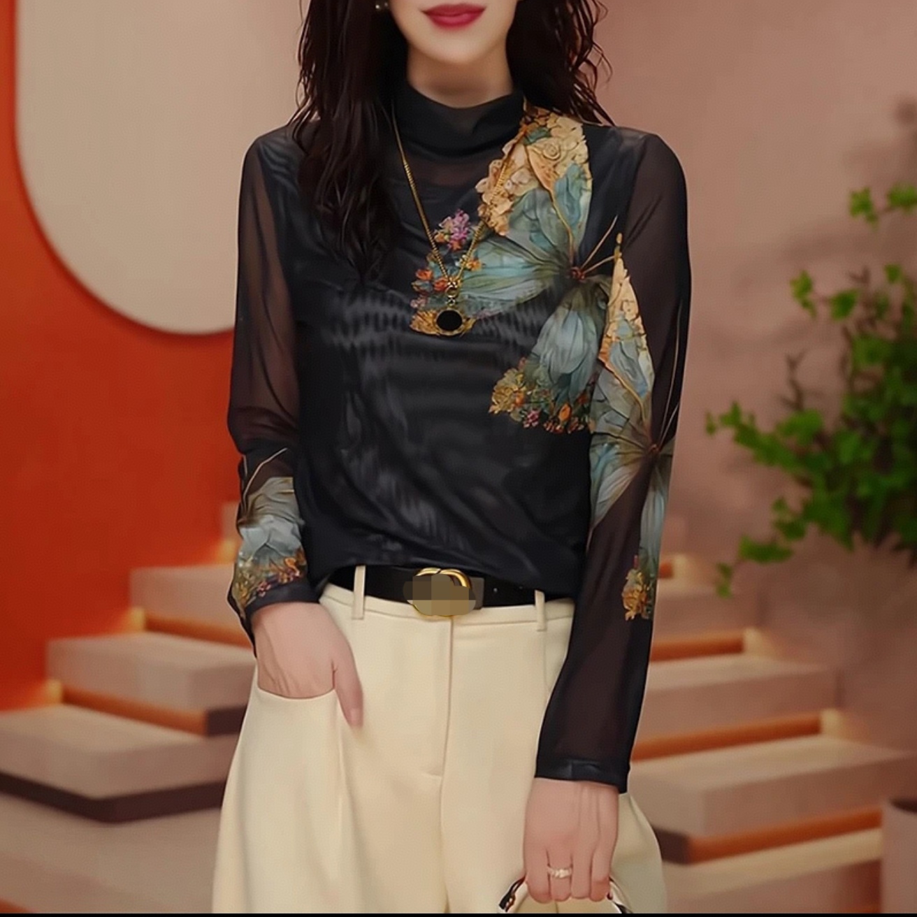 2375蝴蝶大牌时尚加绒半高领优雅百搭加绒衫修身冬季保暖打底衫