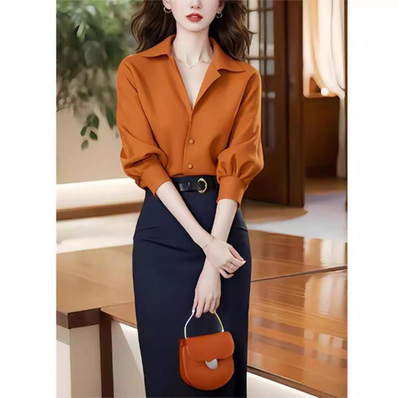 秋季气质穿搭一整套炸街减龄时尚高级感显白橘色衬衫半身裙套装女