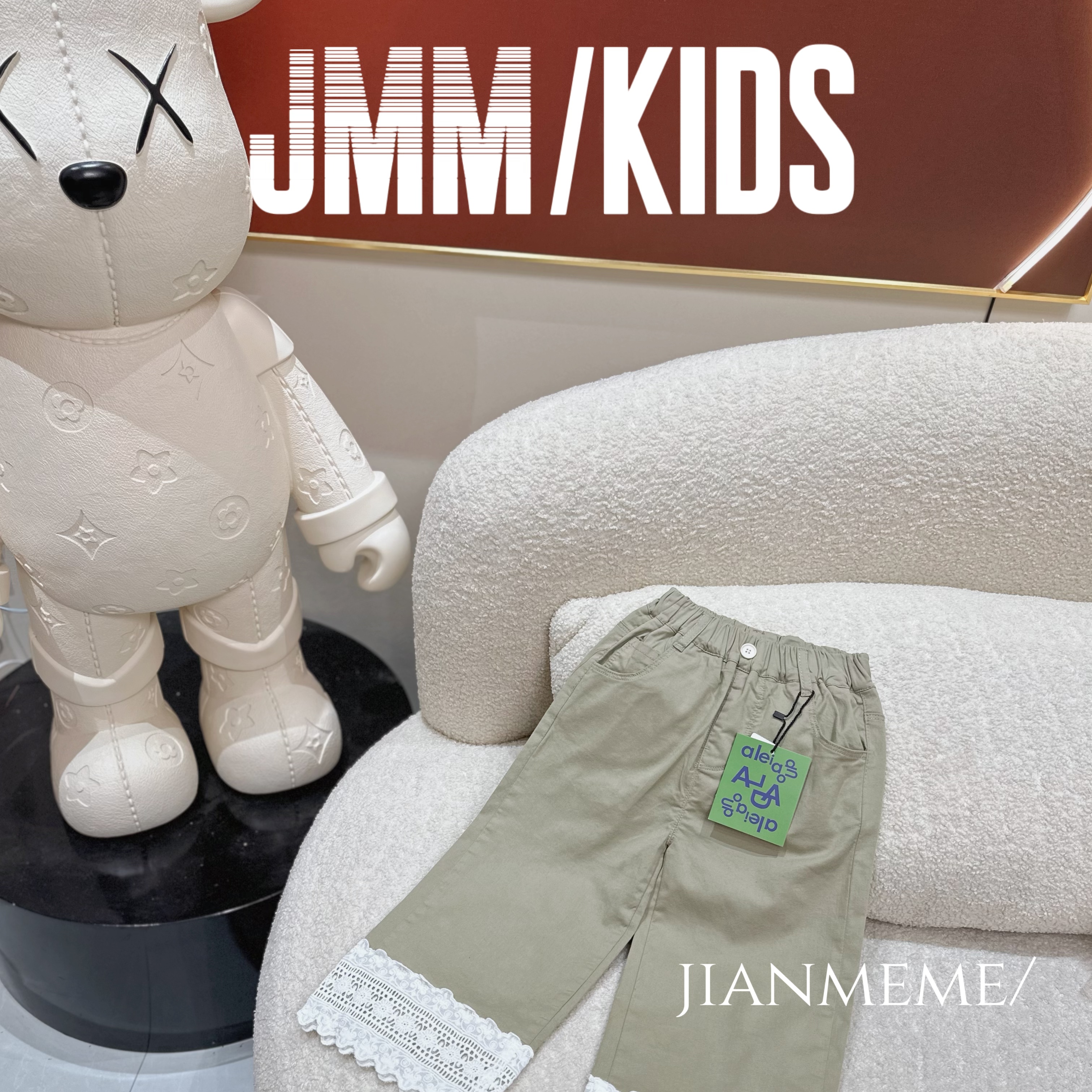 夏单品-军绿F149 女童牛仔裤春秋季休闲百搭花边直筒裤小女孩长裤