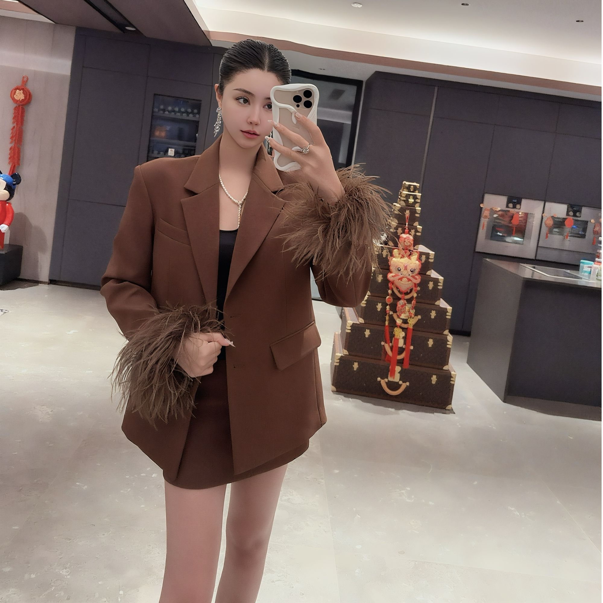 DOUWU【洛可可蜜语】咖色毛毛袖西服外套半裙套装TZ13311