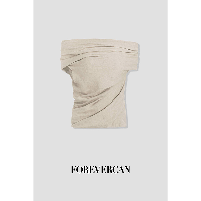 FOREVERCAN“老钱也疯狂”客订亚麻不规则一字肩短袖上衣 ST21805