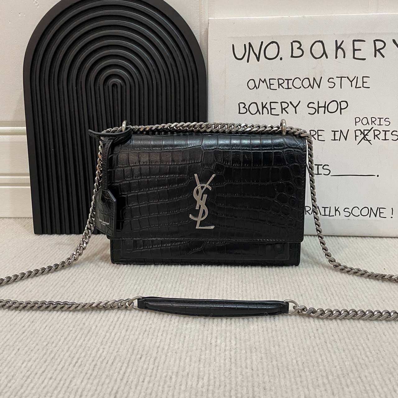 95新 YSL/圣罗兰 黑银压纹日落包中号