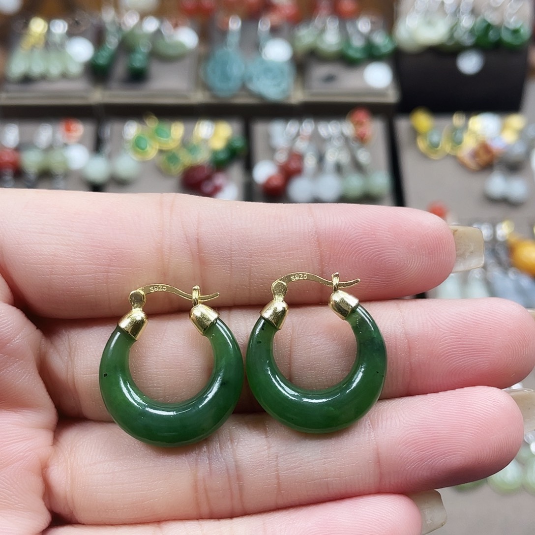 和田玉银S925镶嵌耳饰