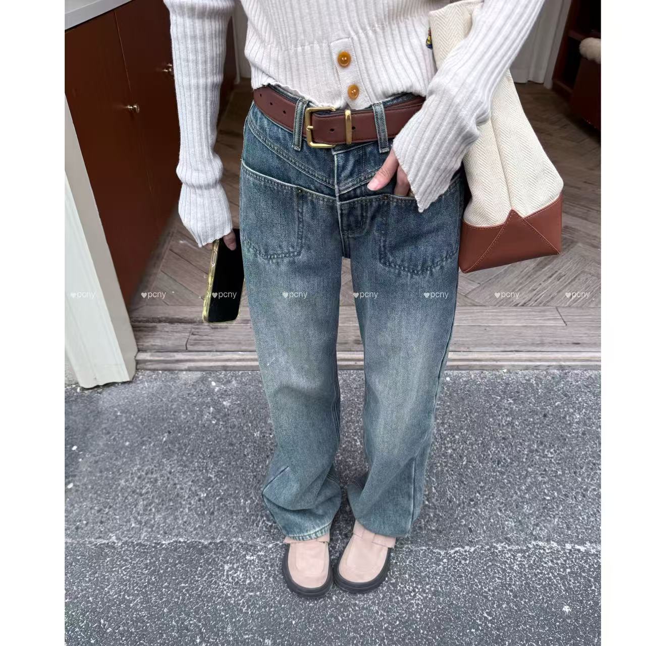 PCNY「平角口袋」不理理冬季新款小众女装时尚休闲宽松百搭牛仔裤