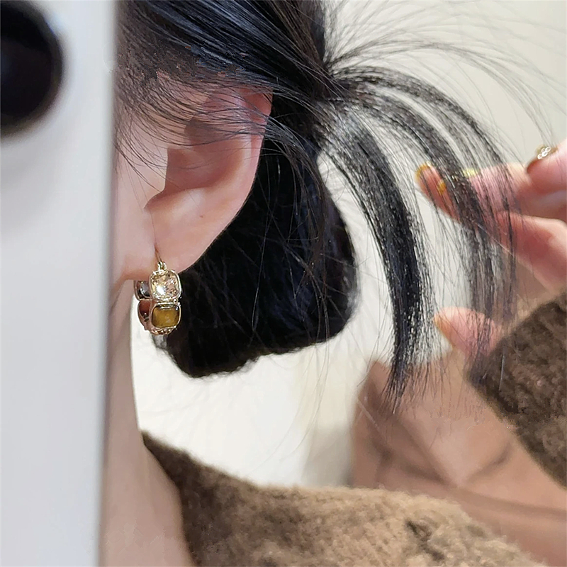 铜合金树脂耳饰 新款几何小方块虎眼石耳环复古气质美拉德系耳圈