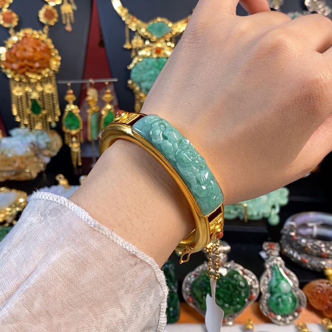 翡翠手镯银S925镀金镶嵌牡丹花手镯 亏清