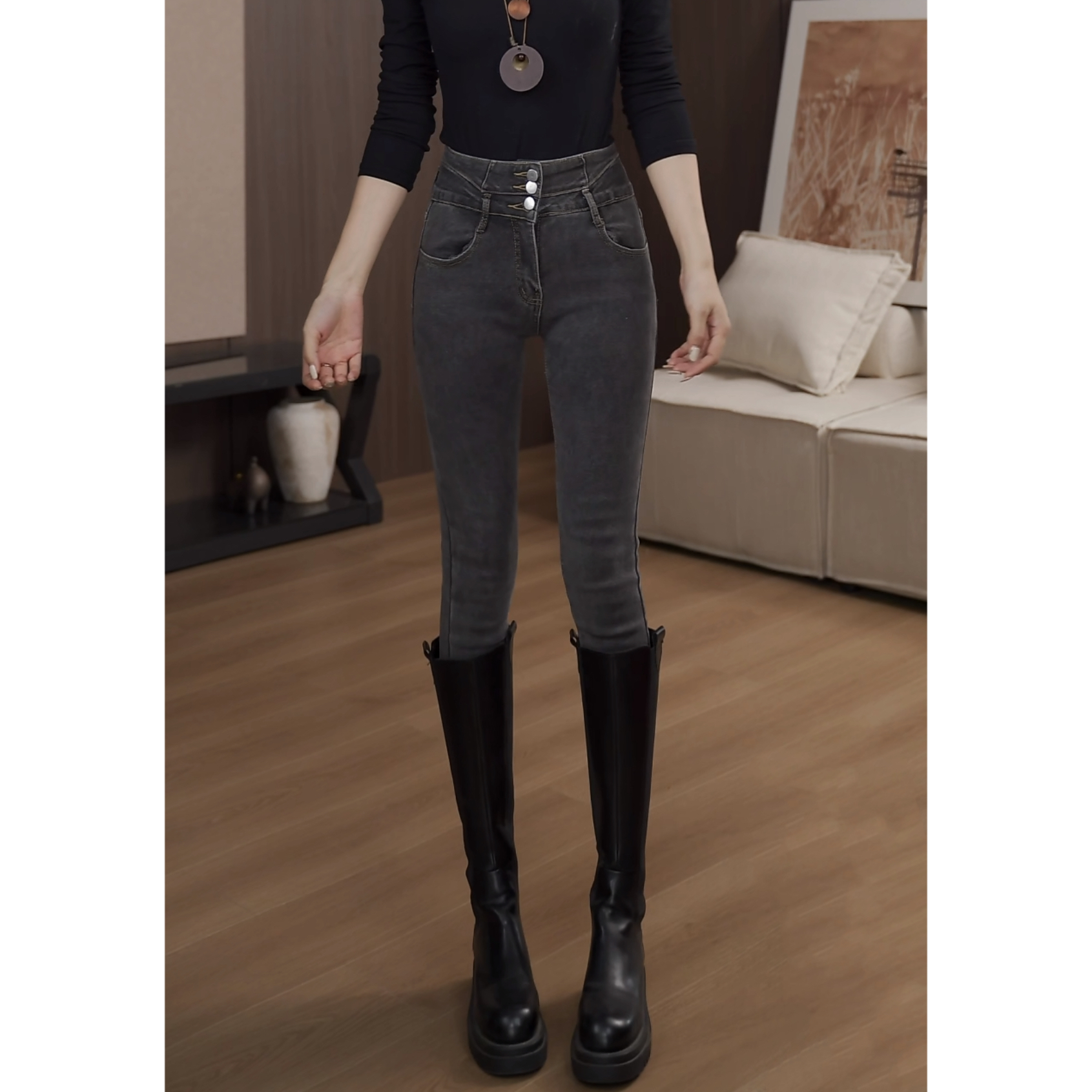 【qiuqiu】加绒小脚牛仔裤秋冬高腰加绒秋冬季加厚小脚牛仔裤女