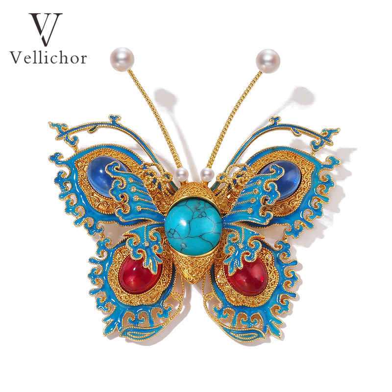 铜合金胸针 【花丝叠翠】原创设计金纍丝宫廷蝴蝶胸针珐琅彩万能扣