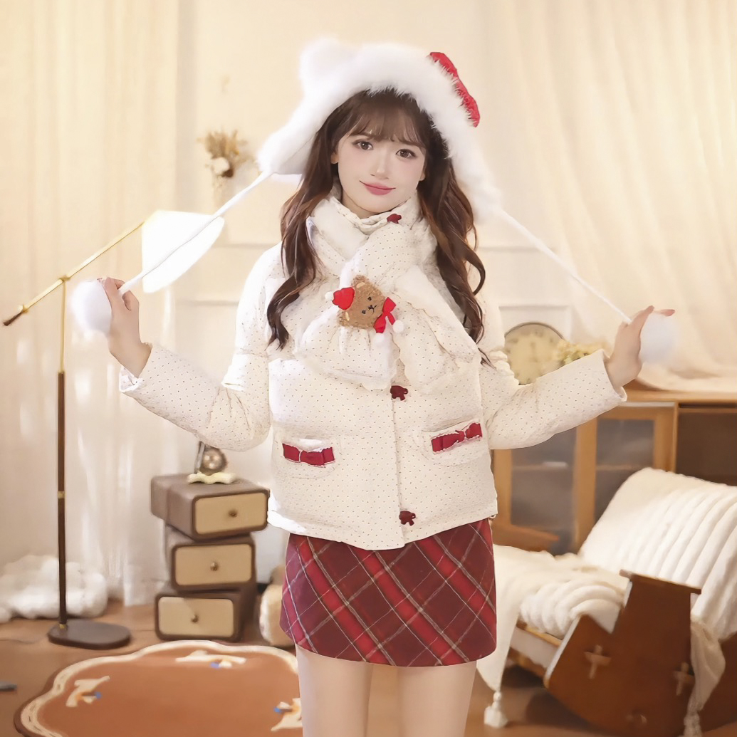 桔梗house 绯红蜜语 甜美氛围感少女感波点棉服外套