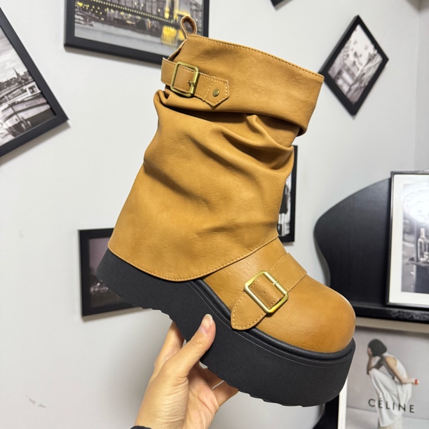 209-1 超火复古美拉德色系中筒靴女英伦风厚底增高棕色裤管短靴