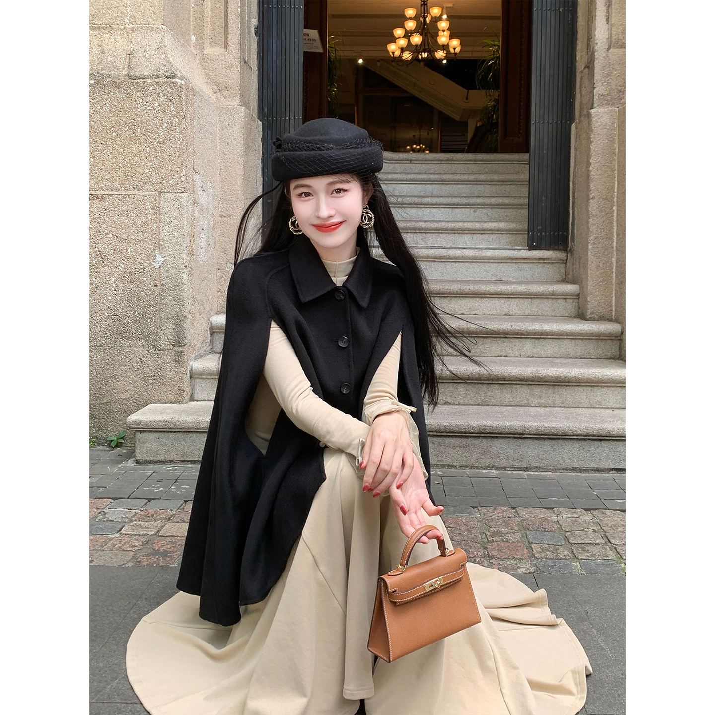 凌茜恣禾【夜曲】黑色复古双面呢子大衣宽松气质百搭高级感斗篷外套