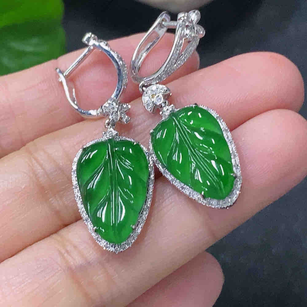 缅甸天然A货树叶耳坠一对18k金镶嵌翡翠耳环金枝玉叶精致6.16g