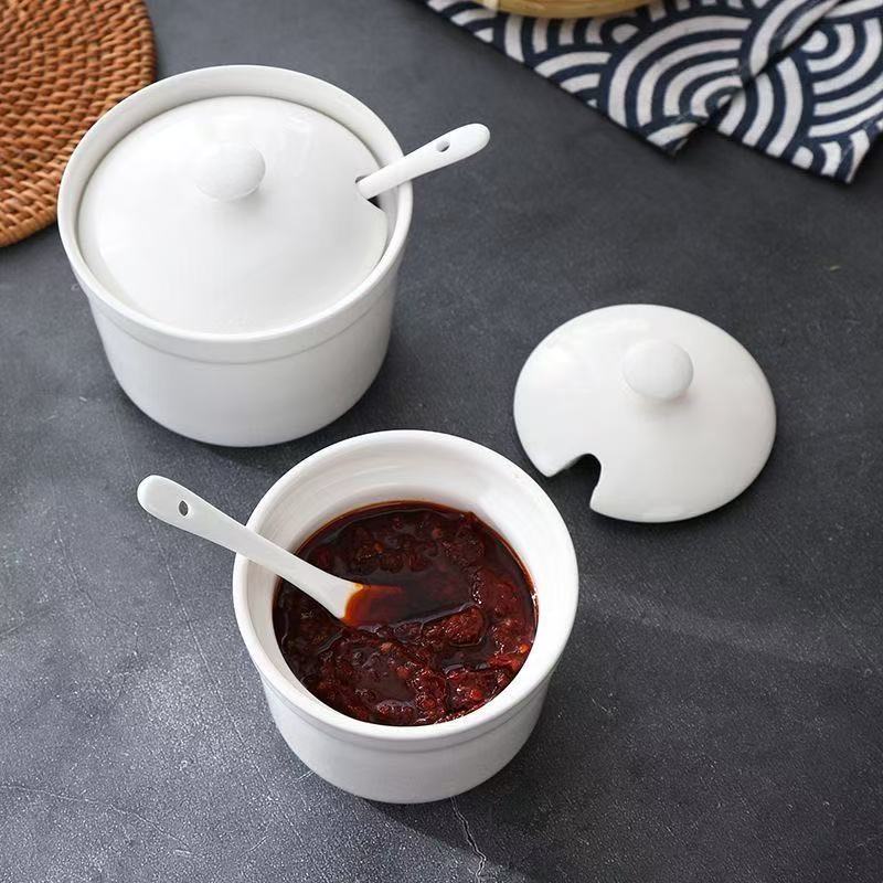 翔婷陶瓷 纯白调料罐茶壶醋壶牙签筒调味罐带盖厨房用佐料盒家用