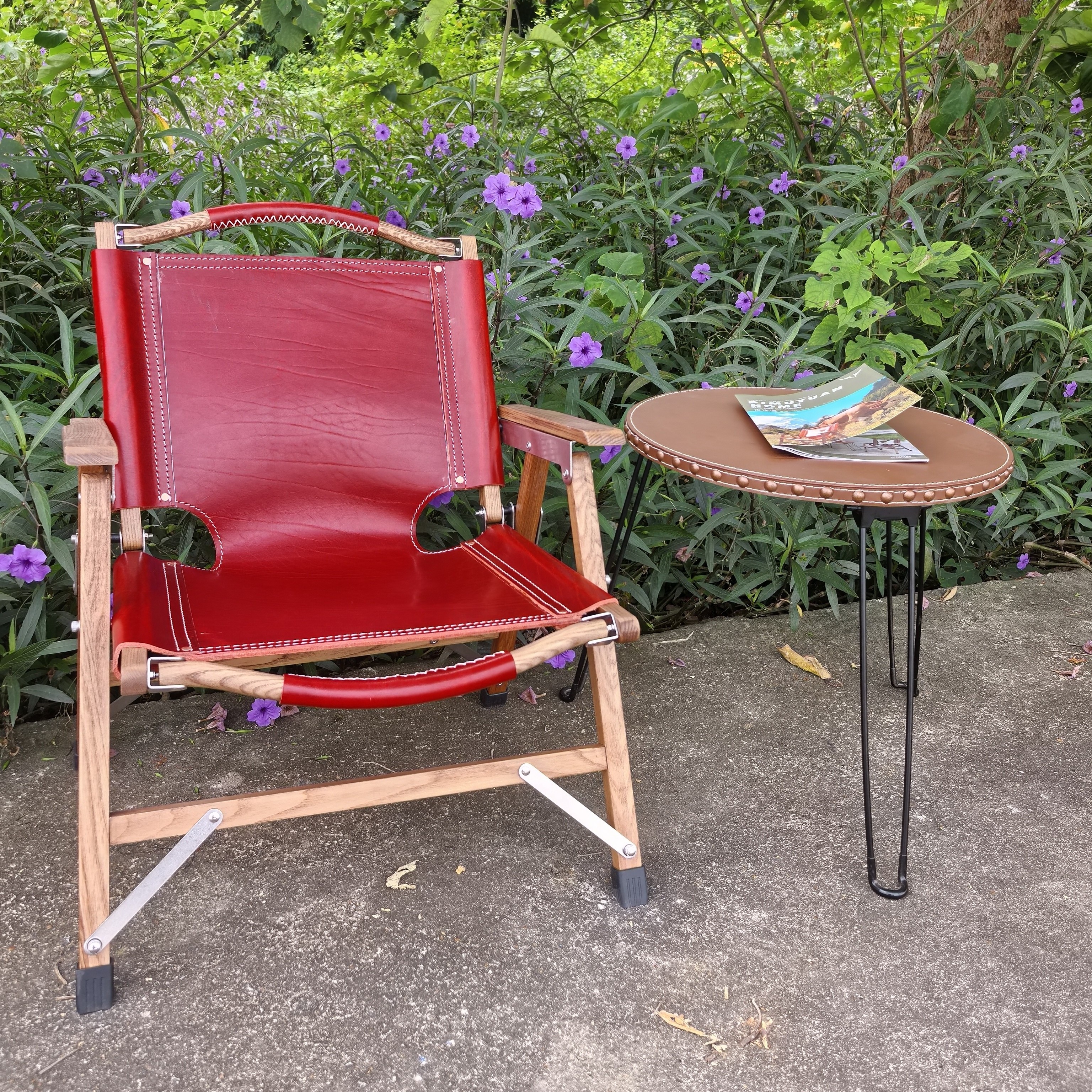 中古风北美白蜡木头层牛皮克米特胡桃木单人靠背躺椅休闲椅户外