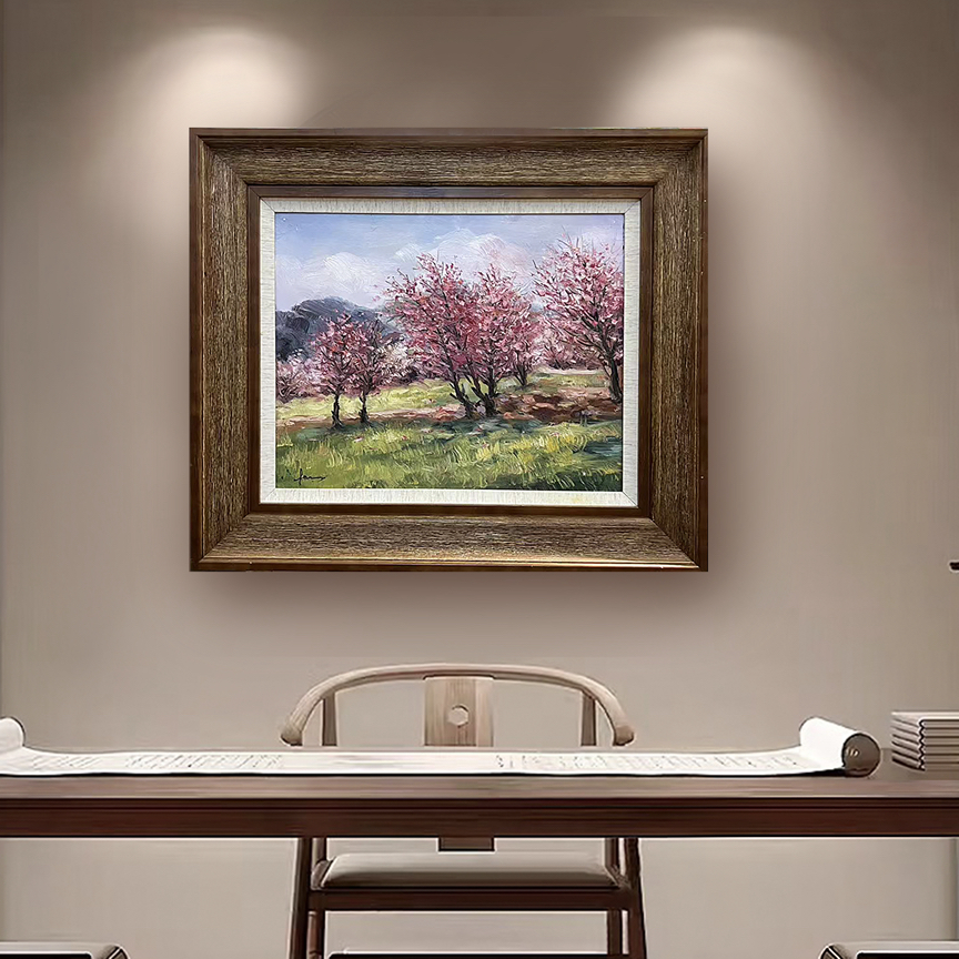 （桃花风景书茶餐厅油画）画疯原创油画作品