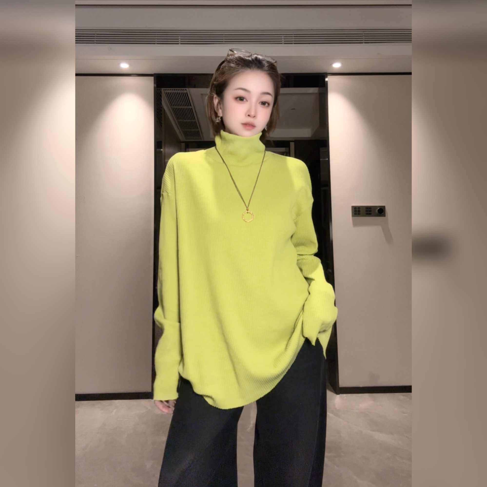 韩版简约纯色百搭高领宽松慵懒显瘦长袖T恤