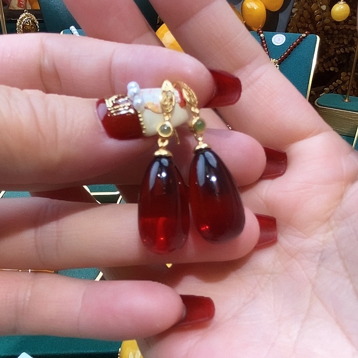 血珀耳饰银S925镀金镶嵌海****司