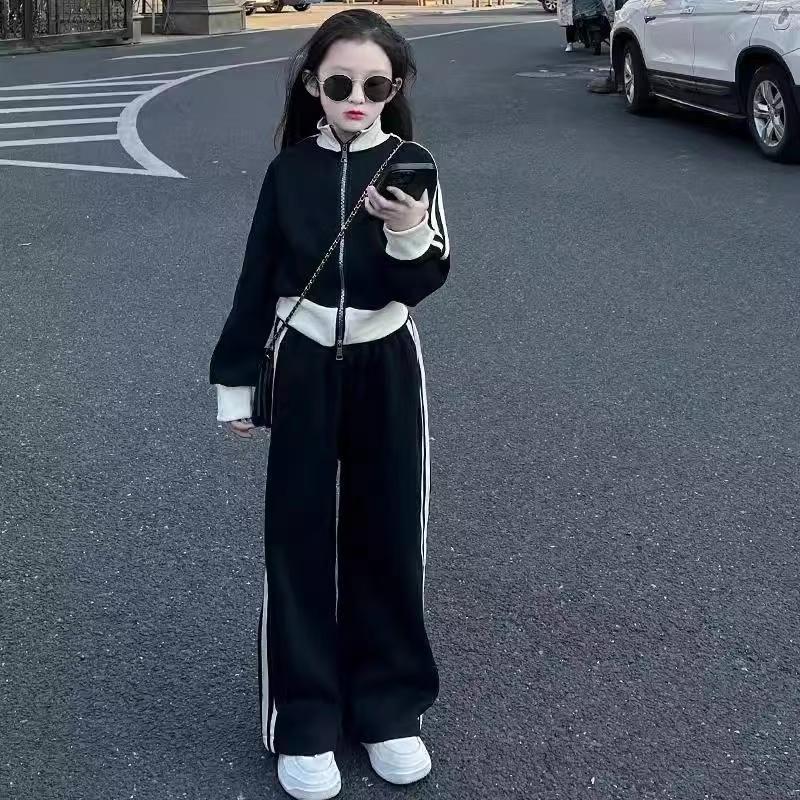 【现货】春秋季洋气拉条套装女童韩版宽松直筒裤休闲运动装两件套潮