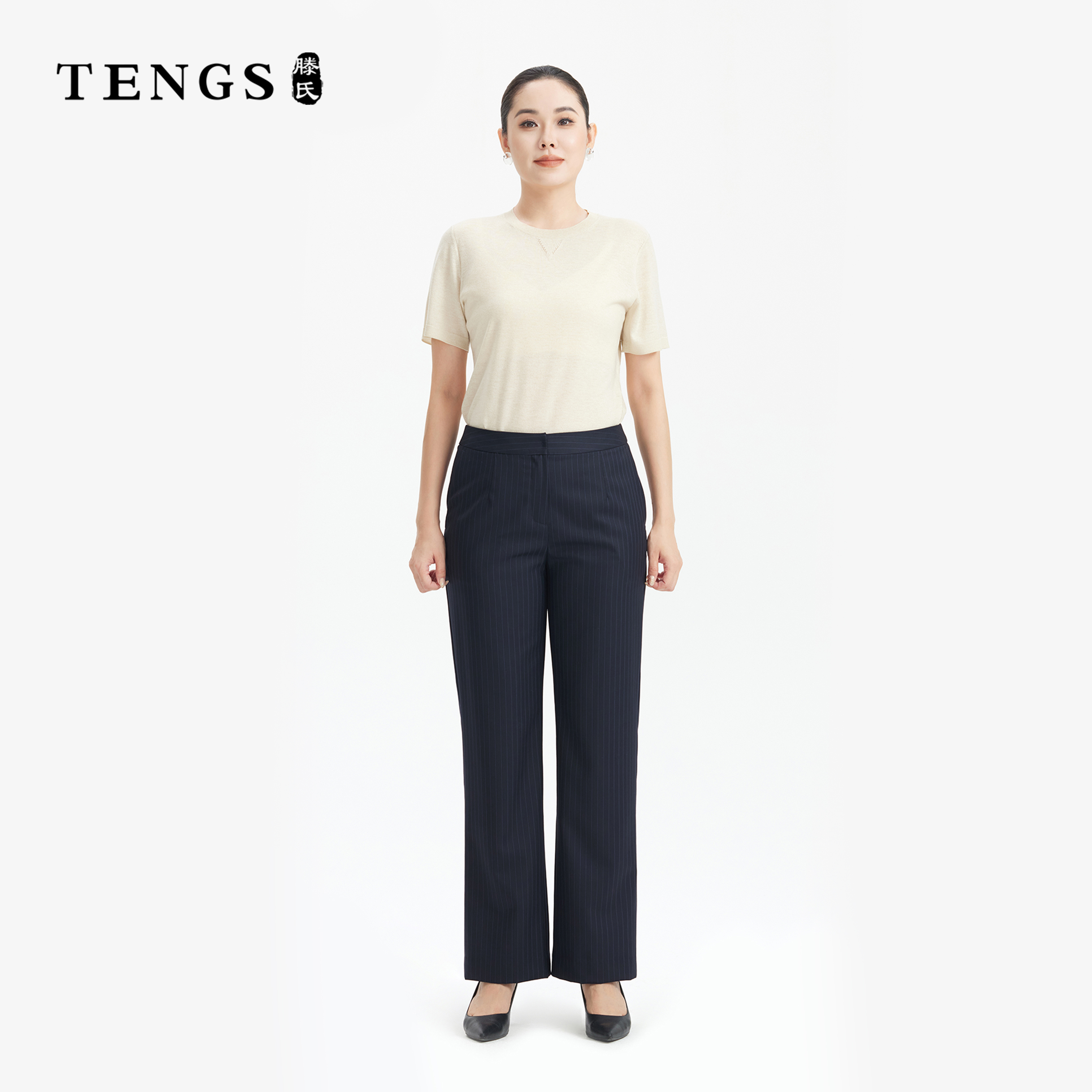 TENGS滕氏女装优雅气质修身显瘦藏蓝条纹通勤直筒裤
