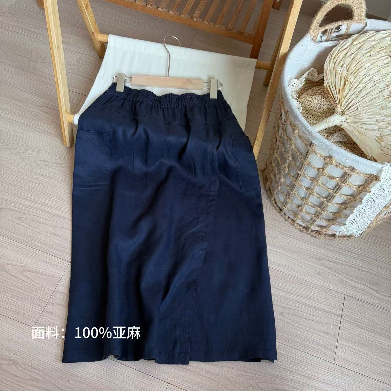 小柒家A0415- 夏季新款直筒拼接百搭藏青色极简风显瘦亚麻裙裤