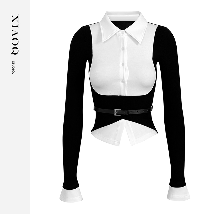 【小Q家】89802设计感假两件收腰短款衬衫百搭上衣T