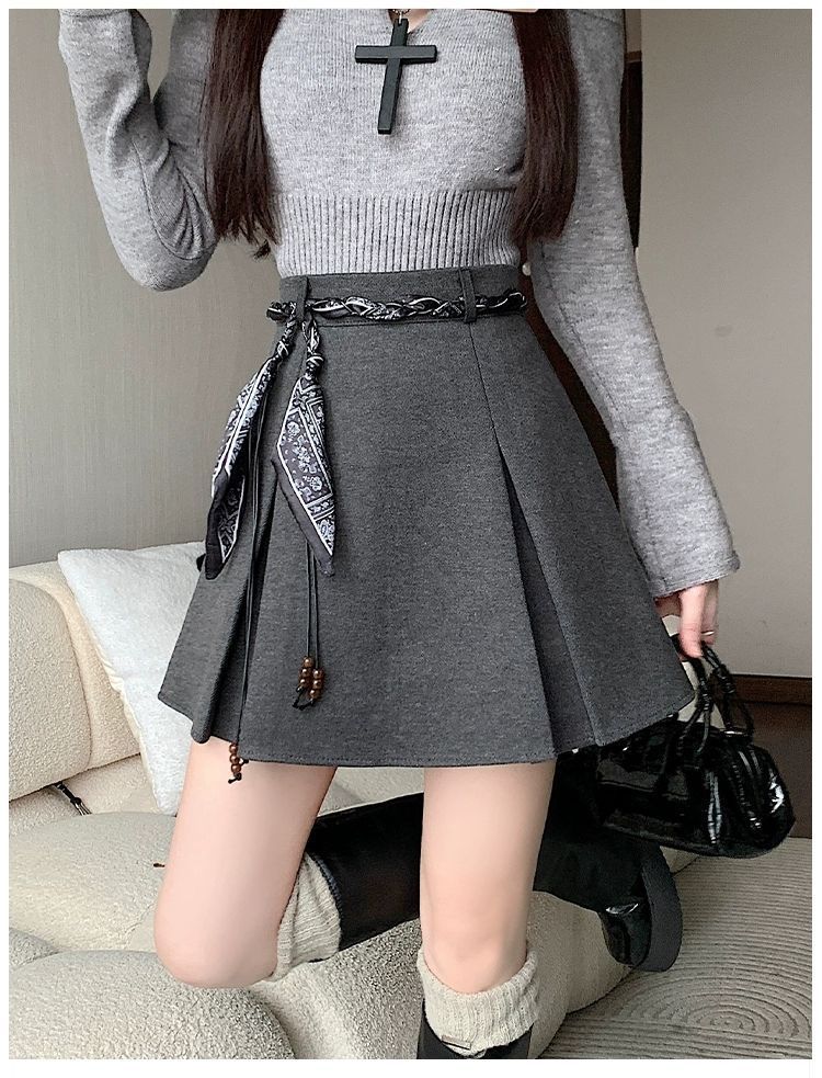  灰色毛呢百褶半身裙女2025秋冬新款学院风高腰显瘦a字带腰带短裙