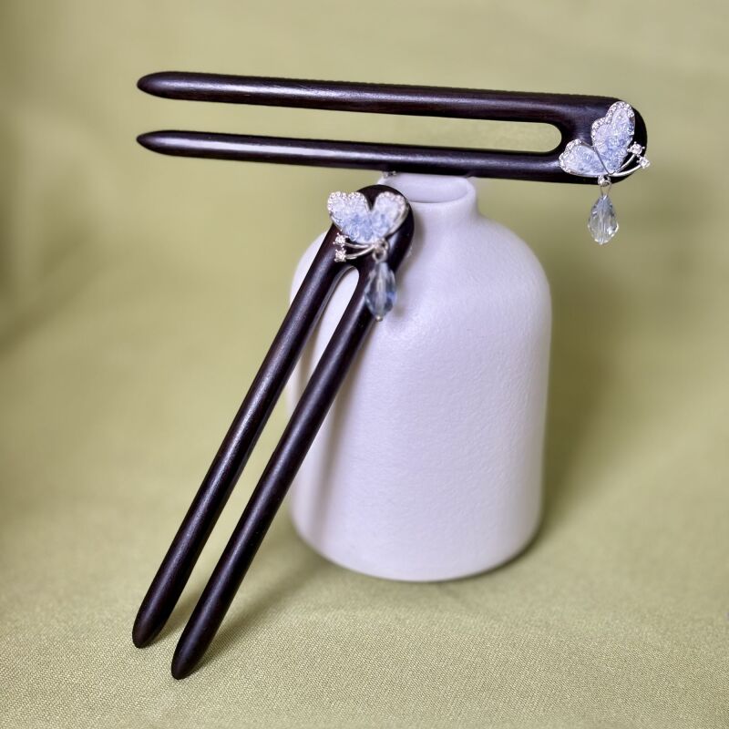 诗泊雅 新款双面蝴蝶吊坠檀木发簪简约日常发饰新中式高级感簪子