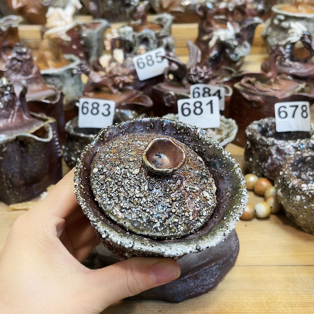 杯柴烧石头手捏复烧盖碗微瑕