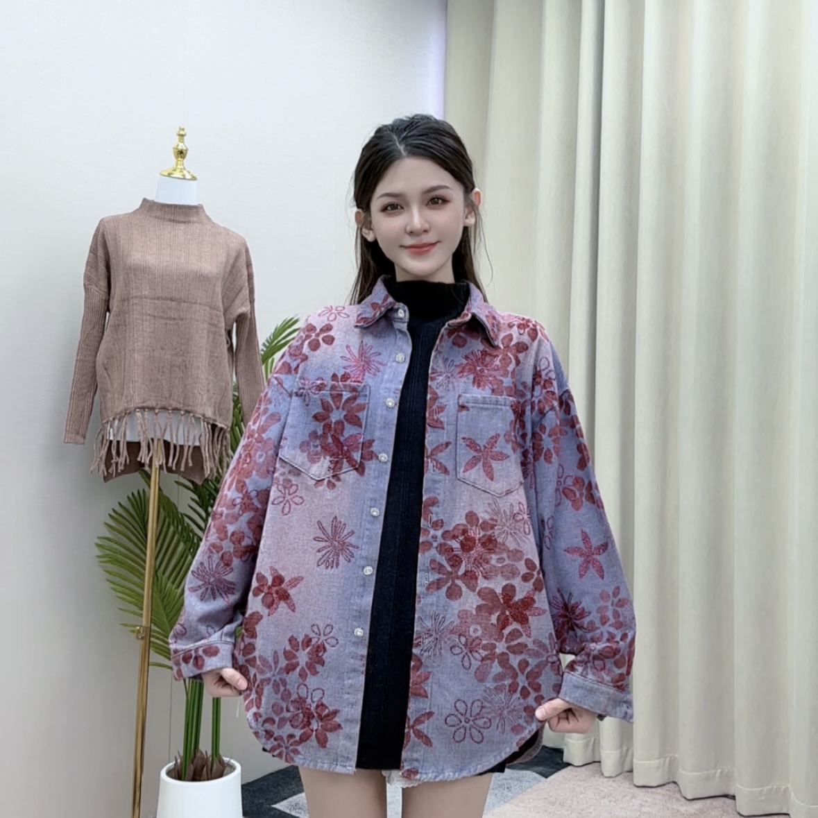 2025秋季重工新款花朵烫钻扎染长袖牛仔衬衫外套女宽松休闲风上衣