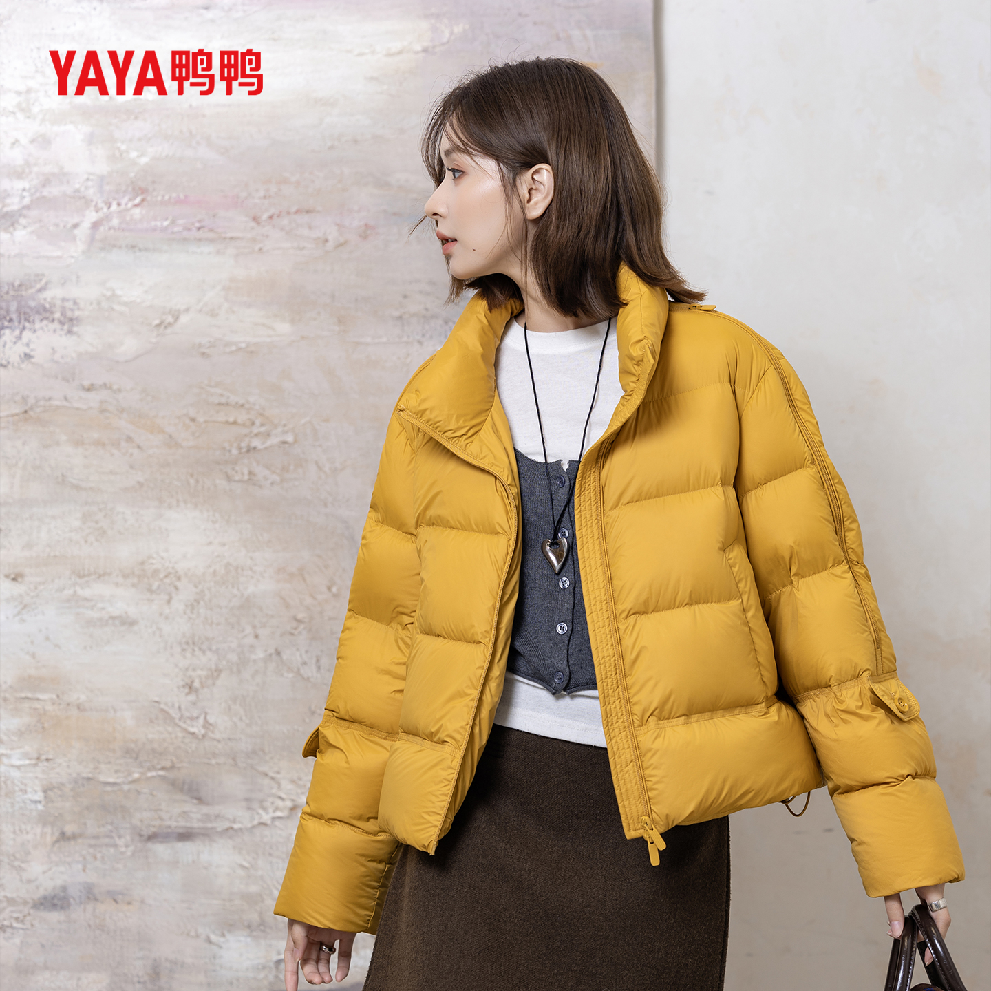 YAYA鸭鸭羽绒服女冬季新款立领90白鸭绒面包服时尚显瘦保暖短外套商品图
