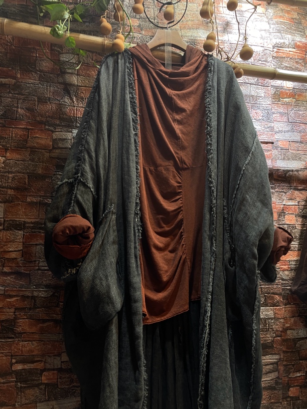 短外套宽松型中长款女做旧上衣宽松女装外套古风圆领设计师