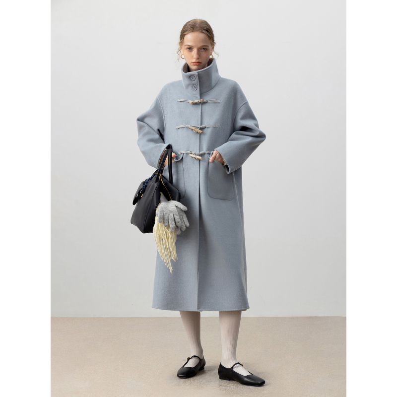 EGGKA【现现】中长款牛角扣毛呢外套宽松显瘦长外套E24C6005BK