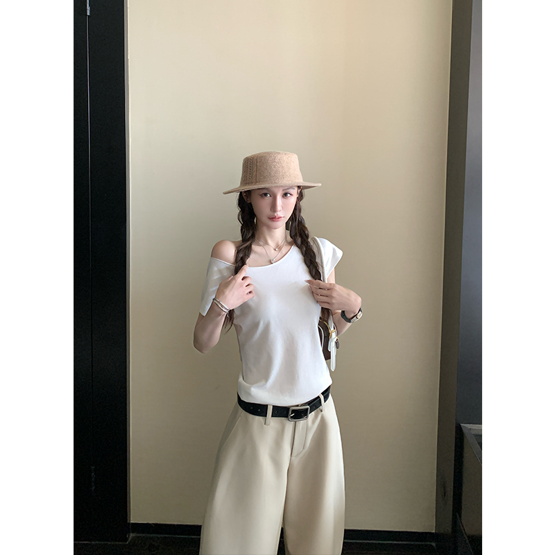 SKK7.9号20点 淡人穿搭 森林呼吸感天丝亚麻T恤飞袖斜肩针织短袖